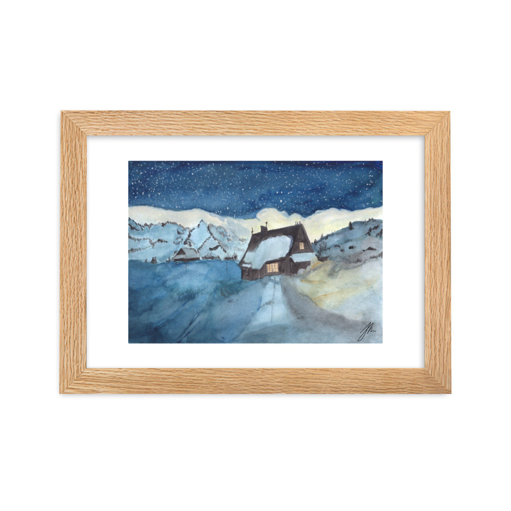 Snowy Chalet Framed matte paper poster