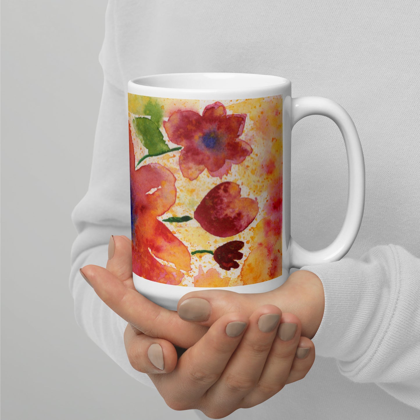 Red Flowers White glossy mug